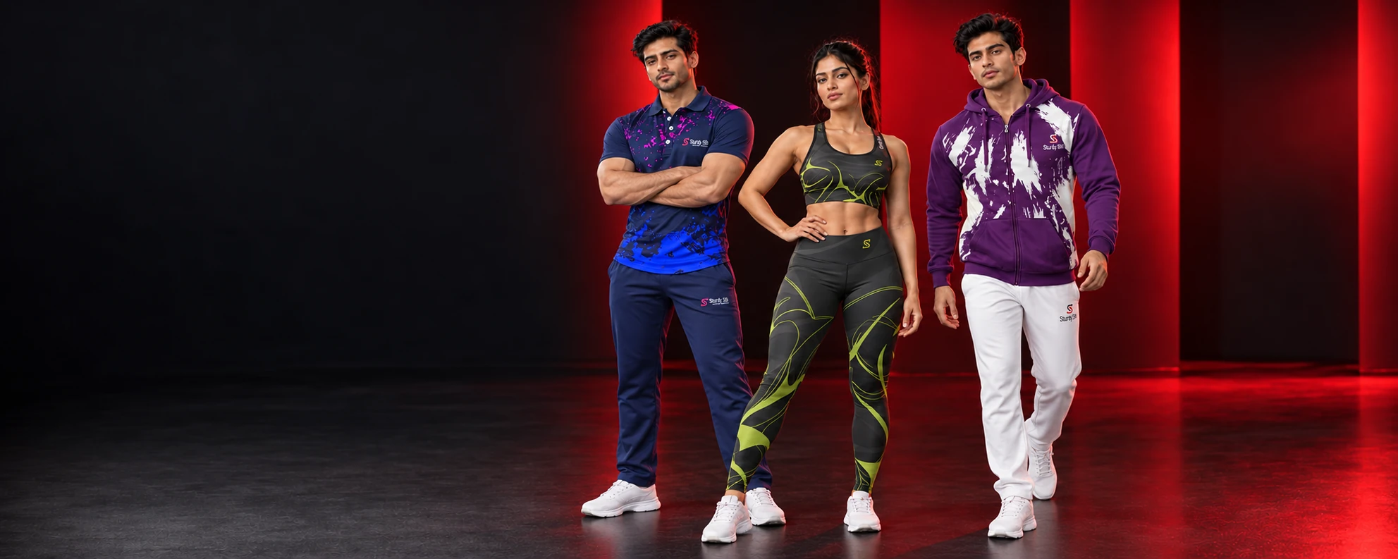 Models in a navy polo tracksuit, charcoal and lime activewear, and a purple and white hooded tracksuit